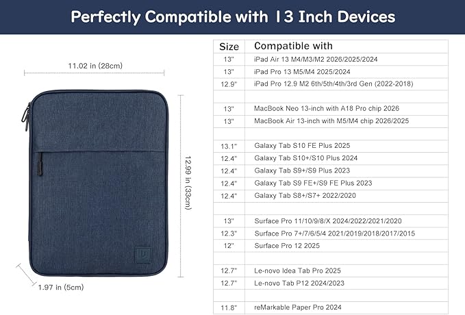 Dadanism 13 Inch Tablet Sleeve Padded Carrying Case for New iPad Air 13" M4/M3 2026/2025, iPad Pro 13" M5/M4 2025/2024, Galaxy Tab S10+/S9 FE+/S9+ 12.4", Remarkable Paper Pro 11.8", Dusty Blue