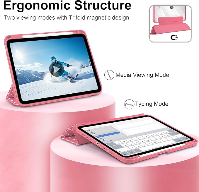 Case for iPad Pro 11 Inch (M5 2025 M4 2024) – [Built-in Pencil Holder], Shockproof & Stylish, Clear Hard Back + Soft TPU Edge, Magnetic Trifold Stand, Auto Wake/Sleep, Rose red White dot