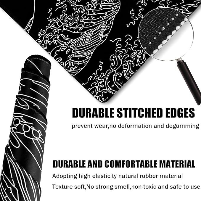 Large Gaming Mouse Pad, Waterproof Extra Large Big Mouse Pad with Stitched Edge, XXXL Non-Slip Black Computer Long Mousepad for Gamer, Office & Home, Wave Lines