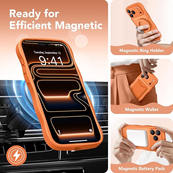CAPRARO Magnetic for iPhone 17 Pro Case for Women Girls, Upgraded [Full Camera Protection] [Compatible with MagSafe] Cute Wave Translucent Matte Phone Case for iPhone 17 Pro, Cosmic Orange