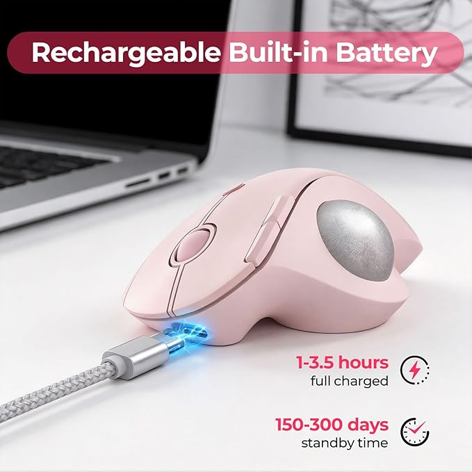 seenda Wireless Trackball Mouse, Ergonomic Bluetooth Rollerball Mouse Rechargeable, 3 Device Connection Optical Mice Adjustable DPI Thumb Control Mice Compatible for PC/Laptop/Windows/Mac - Rose Pink