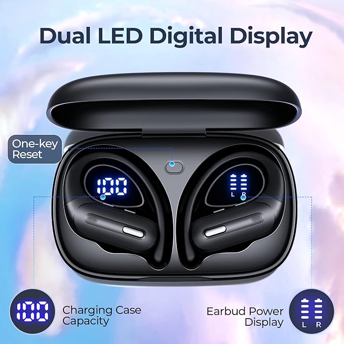 GNMN Active Noise Cancelling Bluetooth Headphones Wireless Earbuds 90 Hrs Playtime Ear Buds with Hi-Res Stereo Deep Bass Power Display Earphones with Earhooks Waterproof Transparency Headset