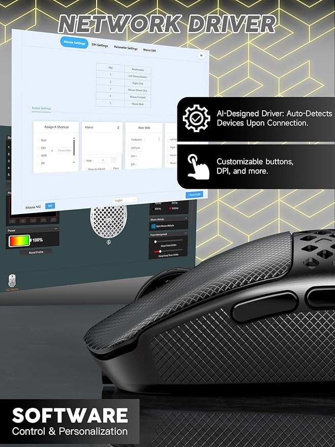 MAMBASNAKE M2 Carbon Fiber Wireless Gaming Mouse, PAW3395PRO 40K DPI, 1K Polling Rate 41g Ultralight Tri-Mode Ergonomic PC Mice, Cloud Driver AI Driver for PC/Mac/Win,Black&Tape
