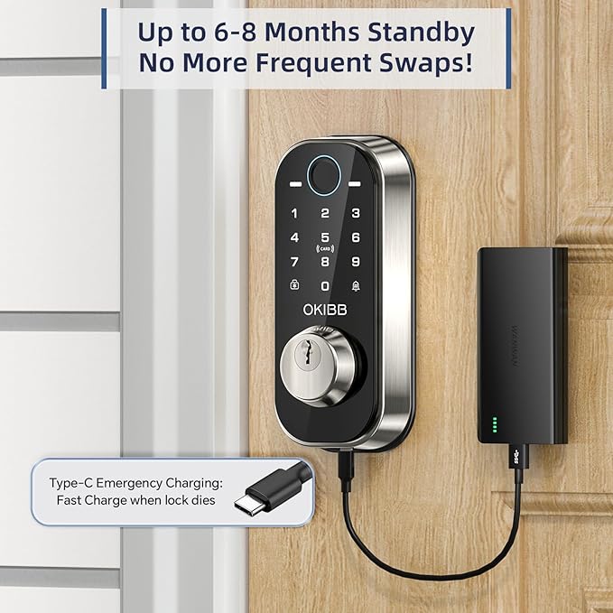 Fingerprint Door Lock for Front Door Built-in Wi-Fi OKIBB, Smart Keyless Entry Door Lock with APP Touchscreen Keypad Deadbolt, Emergency Power Port, One-Touch, IP54 Weatherproof, BHMA Grade 3