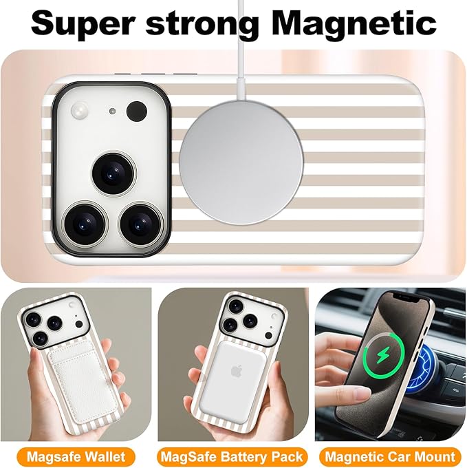 Magnetic for iPhone 17 Pro Case Cute Stripes Phone Case, Shockproof Slim TPU and Hard PC Protective Phone Cover Compatible with MagSafe Designed for Women Girls, Apricot