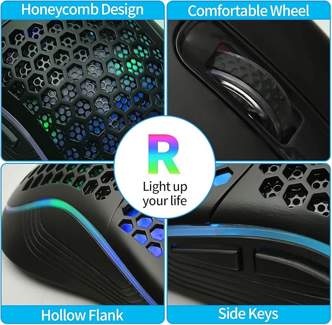 Techsea Honeycomb Wired Gaming Mouse with RGB On/Off Switch, 7200 Adjustable DPI, Ergonomic Lightweight Design & High Precision Sensor for PC/Mac Gamers (Black)