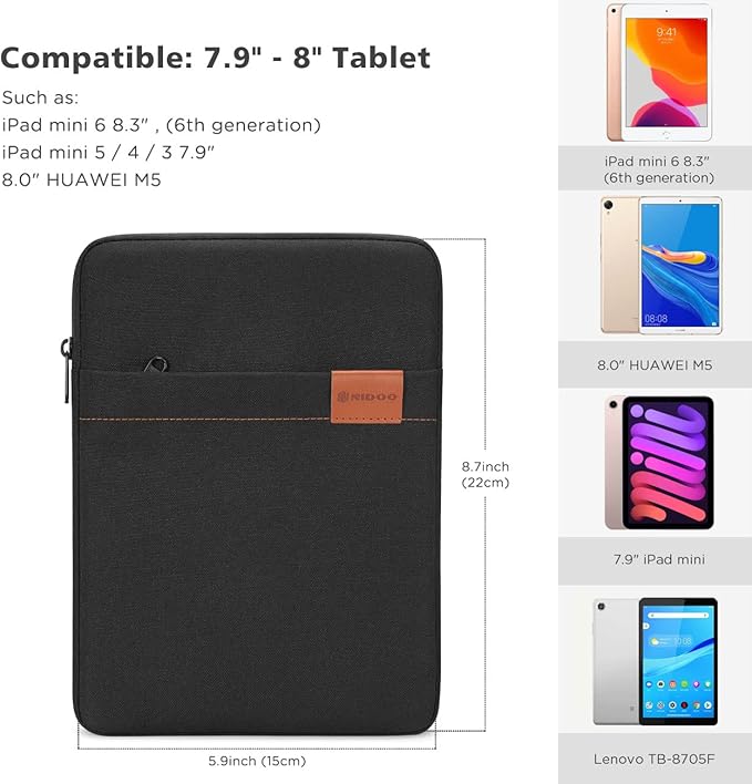 NIDOO Tablet Sleeve Bag 8 inch for 8.3" iPad mini 6/7.9" iPad mini 5/8" Lenovo Tab M8 Gen / 8.7" Galaxy Tab A7 / 8" Huawei MatePad T 8 Water Repellent Vertical Laptop Case Pouch