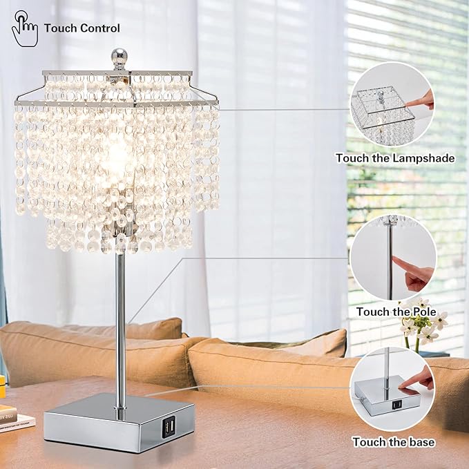 Touch Crystal Table Lamp Silver, Bedside Lamp with USB C+A Ports, Dimmable Nightstand Lamp with Crystal Shade, Bedroom Lamp for Girls Bedroom, Living Room, Bulb Included