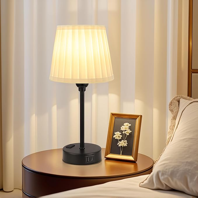 White Bedside Lamps for bedrooms Set of 2 - White Pleated Lamp Shade with USB Charging Ports, Touch Lamps for Nighstand, Night Stand Lamp for Dorm/Office/Living Room/Class Room