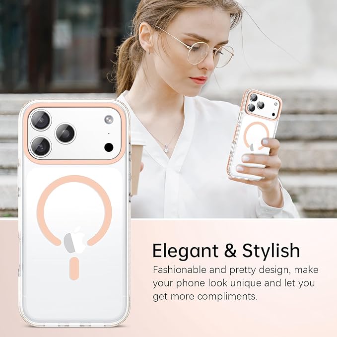 BENTOBEN Magnetic for iPhone 17 Pro Case 6.3", Compatible with Magsafe Military Shockproof Protective Bumper Cute Transparent Slim Anti-Yellowing Phone Case for iPhone 17 Pro Cover,Clear Light Orange
