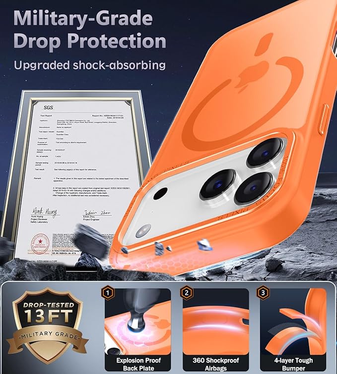 Newfuture Magnetic for iPhone 17 Pro Case [Compatible with Magsafe] [Military Grade Drop Protection] Translucent Matte Anti-Scratch Shockproof Protective Phone Cover 6.3 Inch, Orange