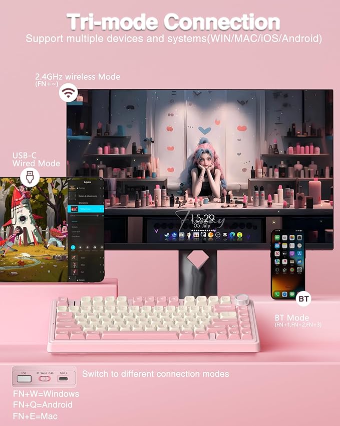AULA F75 75% Wireless Mechanical Keyboard, Hot Swappable Pink Creamy Keyboard, Pre-lubed Linear Switches, PBT Keycaps, 2.4GHz/Type-C/BT5.0, RGB Backlit Computer Gaming Keyboards for Office/Laptop/PC