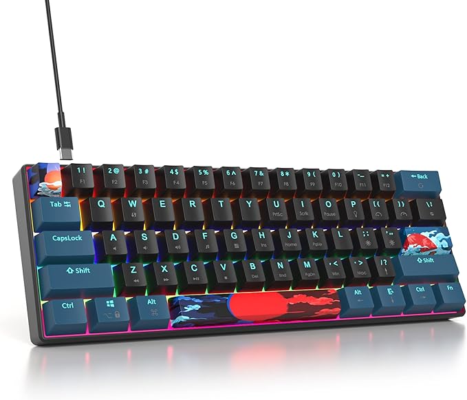 Protable 60% Percent Gaming Keyboard Mechanical, Mini Compact Backlit 61 Keys Wired Office Keyboard with Red Switch for Mac/Win (Monstor Black/red Switch 61)