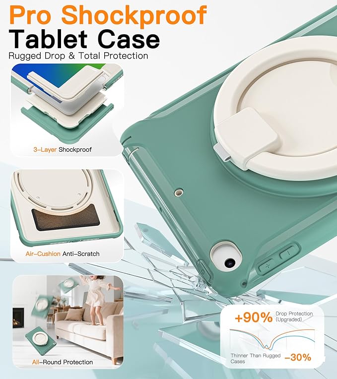 BATYUE Shockproof Case for iPad mini 4/5 (2015/2019) - 360° Multi-Angle Stand (Portrait & Landscape) & Grip, Pencil Holder (Elastic Loop), Multi-Scene for All Ages, Jade Green