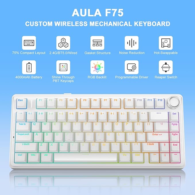 AULA F75 - 75% Mechanical Keyboard, Wireless Gaming keyboard BT5.0/2.4GHz/USB-C, Hot Swappable Custom Pre-lubed Switches with Knob, RGB Backlit Shine-Through PBT Keycaps Creamy Sounding Keyboard