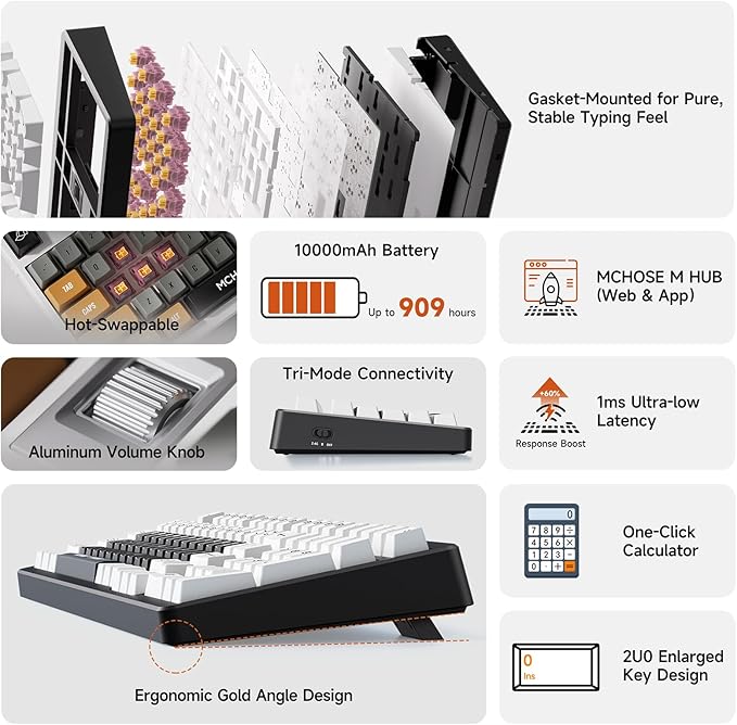 MCHOSE UT98 Wireless Mechanical Keyboard Compact Silent Gaming Keyboard with Knob Tri-Mode Connection Hot Swappable Custom Creamy Keyboard Gasket Structure Pre-lubed Linear Switches RGB Classic Silent