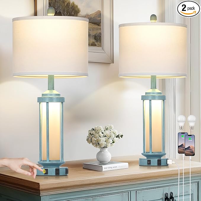 Lolikit 27" Tall Farmhouse Table Lamps for Living Room, Rustic Vintage Table Lamp with USB A+C Charging Ports & AC Outlet, Modern Retro Industrial Nightstand Bedside Lamp for Bedroom Side Table Decor