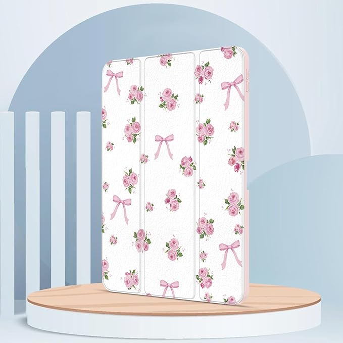 Case for iPad Pro 11 inch 4th/ 3rd/ 2nd / 1st Generation (2022/2021/2020/2018), Case with Pencil Holder, Clear Back Cover Cute Cool Design for Women Girls, Auto Sleep/Wake, Bow Rose