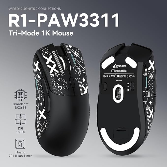 ATTACK SHARK X68 HE Wired Rapid Trigger Mechanical Gaming Keyboard and R1 Mouse Combo with Adjustable Actuation,Coiled Cable,USB C/2.4Ghz Wireless/BT Ultralight 18K DPI Mice for Esport Gamer(Black)