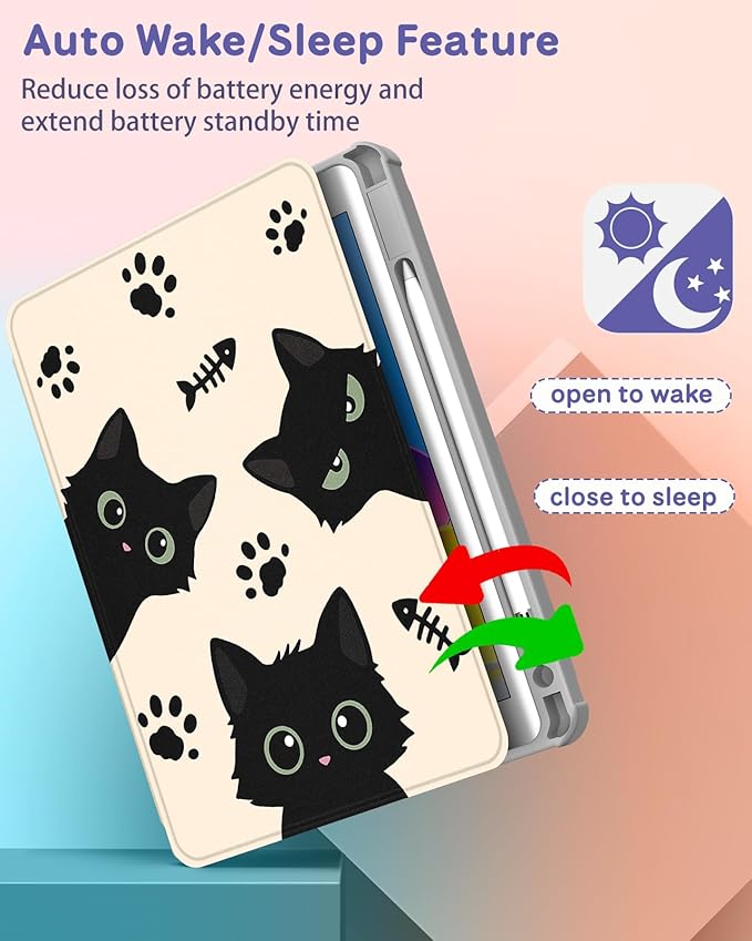Uppuppy for iPad 9th/8th/7th Generation Case for iPad Air 3rd/ Pro 10.5” Case - 360 Rotating Stand Folio Smart Cover with Pencil Holder for Women Girl, Black Cats for Apple Tablet 7/8/9 Gen 10.2 inch