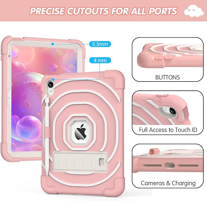 SIBEITU Kids Case for iPad (A16) 11th Generation 11-inch 2025/ 10th Gen 10.9-inch 2022, Shockproof Rugged Hybrid 3-Layer Protective Cover with Kickstand & Pencil Holder for Girls Boys (Pink+White)