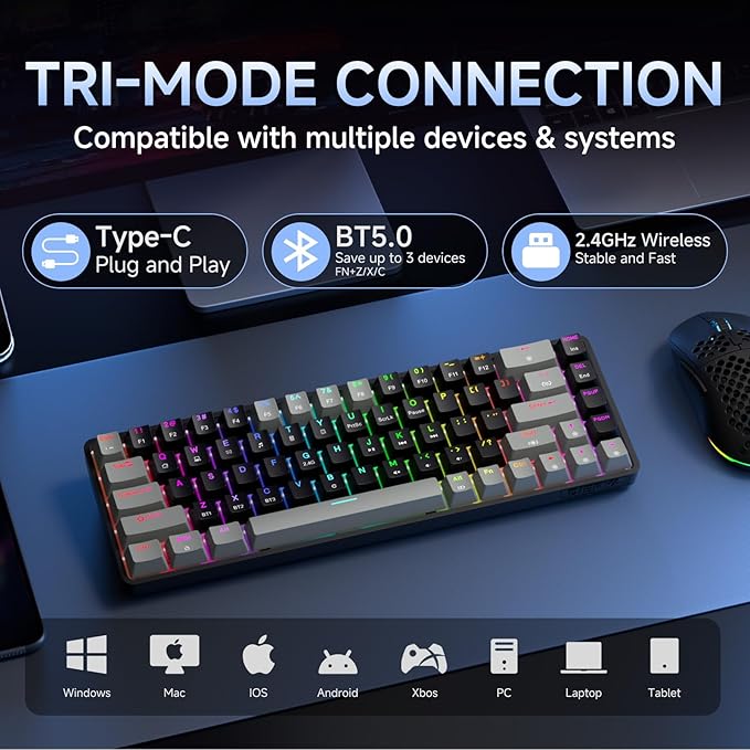 DIERYA DK68 60% Wireless Mechanical Gaming Keyboard, 3 Modes Bluetooth/2.4GHz/USB-C with Red Linear Switch, RGB Backlit, Anti-Ghosting, 68-Key Compact mini keyboard for Windows/macOS/Linux- Grey/Black