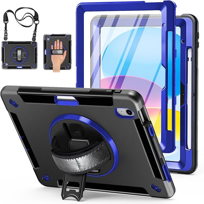 Case for iPad (A16) 11th/10th Generation Case: Protective Cover for iPad 11th Gen 11 Inch 2025 &10th Gen 10.9" 2022 with Screen Protector- Stand- Shoulder Strap- Handle- Pencil Holder-Blue+Black