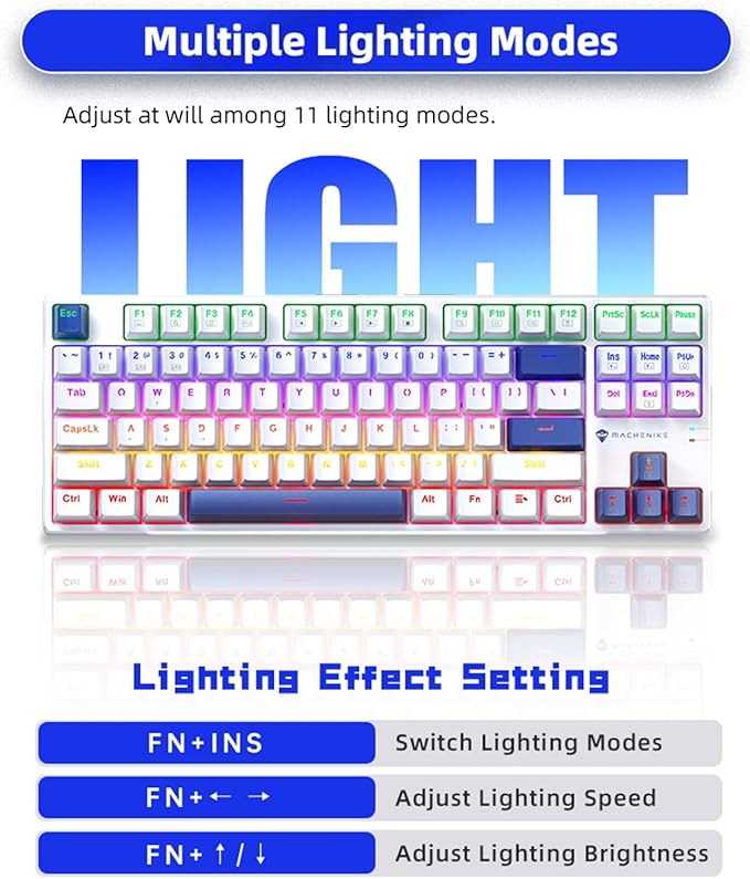 Machenike K500B-B87 75% TKL Mechanical Wired Gaming Keyboard, 87 Keys Compact Hot Swappable Linear Red Switch with Number Pad, Dynamic RGB Backlit, Anti-Ghosting, Double-Shot PBT Keycaps, White/Blue