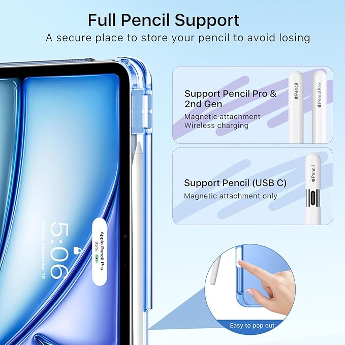 MoKo for iPad Air 11 inch Case (M4/M3/M2) 2026/2025/2024, iPad Air 5th/4th Gen 10.9 inch Case 2022/2020 with Pencil Holder, Slim Light Trifold Cover with Hard PC Translucent Back Shell, Cobalt Blue