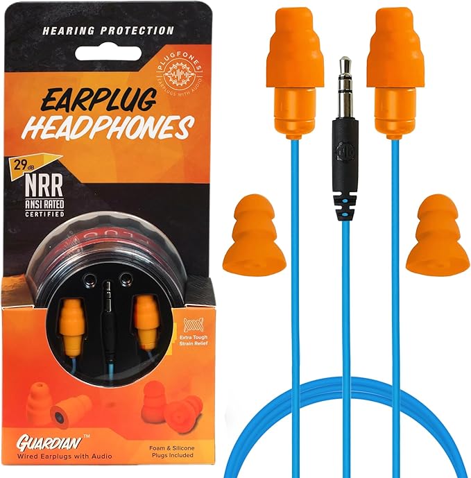 Plugfones Guardian Earplug Headphones - OSHA Approved Noise Isolating in-Ear Earbuds with Hearing Protection - Wired Hybrid for Work and Travel - Includes Silicone and Foam Ear Plugs - Blue & Orange