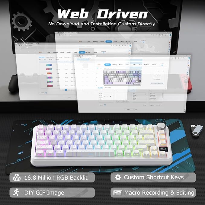 ATTACK SHARK X85Pro Wireless Mechanical Gaming Keyboard with TFT Screen & Knob Hot-Swappable BT5.1/2.4Ghz/USB-C RGB Backlit Gasket Mount Gradient Side-Print PBT Keycaps for Win/PC/MAC-White Contour