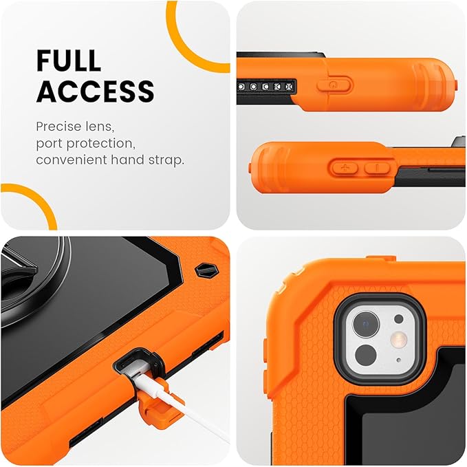 timecity Case for iPad Pro 11 Inch M5 2025 / M4 2024, 360° Rotating Stand, Pencil Holder & Wireless Charging, Shockproof with Screen Protector & Shoulder Strap - for Designers & Professionals, Orange