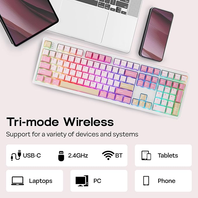 EPOMAKER TH108 Full Size Mechanical Keyboard, Wireless Gaming Keyboard with 8000mAh Battery, Creamy Gasket, 108 Keys, Hot Swap, Custom Driver, RGB Backlight (Pink, Creamy Jade)