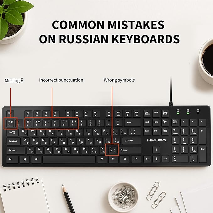 Wired Russian USB Keyboard with Cyrillic Letters English ЙЦУКЕН Layout- Full Size Design with Number Pad,Suitable for Russian Translation, Self-Study, Academic Research,Non Worn Characters
