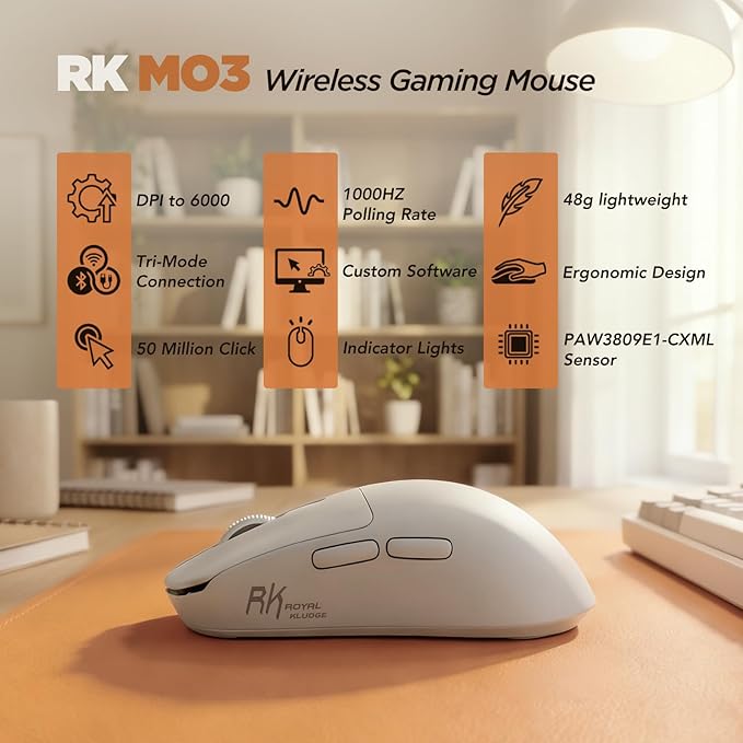 RK ROYAL KLUDGE RK MO3 Wireless Gaming Mouse, 48g Lightweight Computer Mouse, Bluetooth/2.4G/Wired Rechargeable PC Game Mice with Programmable Buttons and Silent Clicks, 6000 DPI for Laptop/Mac, White