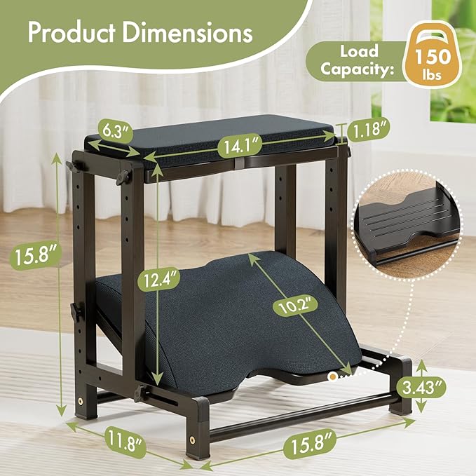 Double Step Foot Rest Under Desk, Adjustable Wooden Desk Foot Rest with 4 Heights, Ergonomic Foot Stool with Cushion for Office, Gaming & Study (Black)