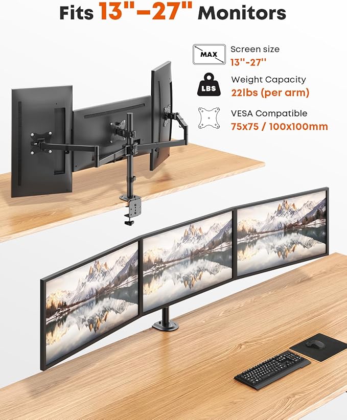 Triple Monitor Mount,3 Monitor Desk Mount Fits 13-27 inch Screens,Triple Monitor Stand Fully Adjustable with Cable Management,22 lbs Weight Capacity per Arm,VESA 75/100mm