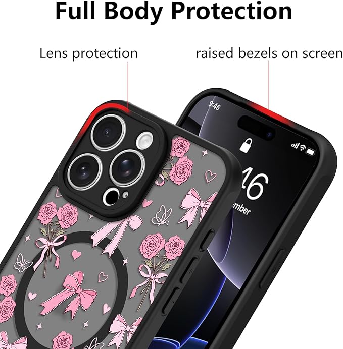 KANGHAR Case Compatible with iPhone 16 Pro Max Bows Bouquet Pattern [Compatible with Magsafe] Cute Flowers Florals Protective Magnetic Case for Girls Women Men