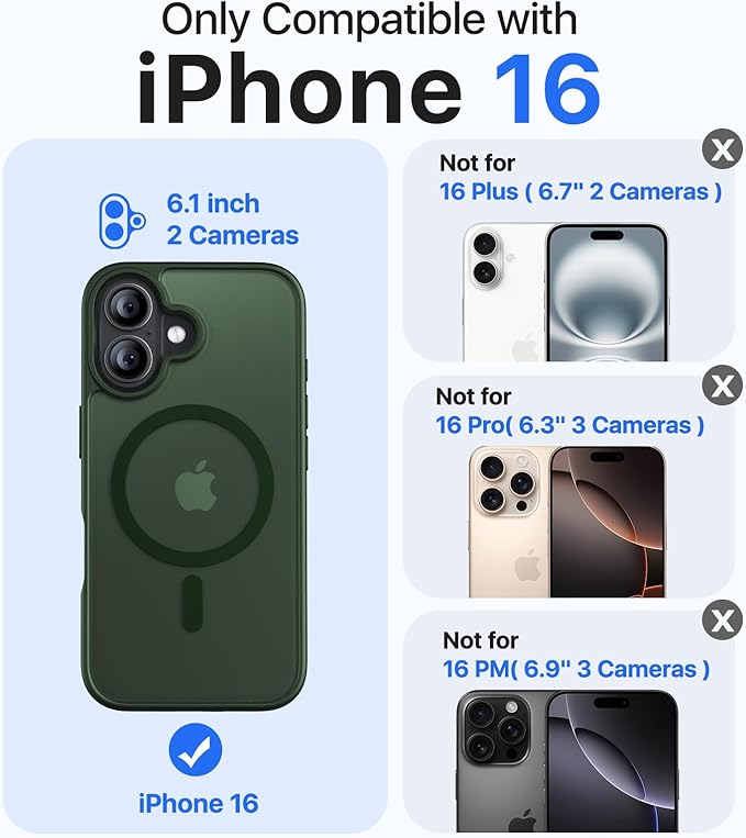 Magnetic for iPhone 16 Case, [Compatible with MagSafe][Military-Grade Drop Protection][Anti-Yellowing] Shockproof Protective Translucent Matte Cover for iPhone 16 Phone Case,Forest Green