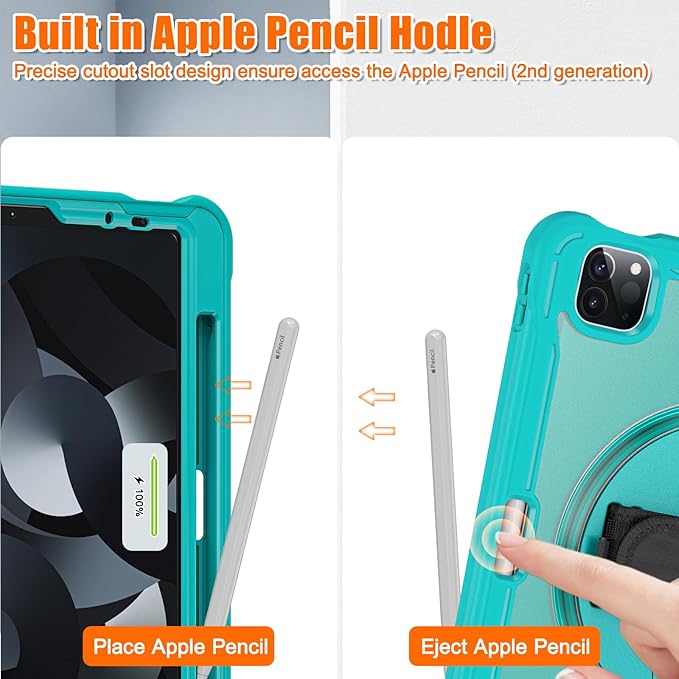 Batianda Case for iPad Pro 11-inch 2022 4th M2 Chip /2021 (3rd Generation) Heavy Duty Rugged Shockproof Tablet Cover with 360° Rotating Hand Strap Foldable Hidden Stand & Shoulder Strap, Blue