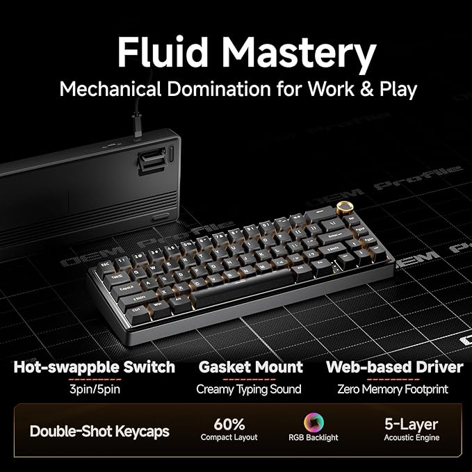 DIERYA DK68E 60% Mechanical Gaming Keyboard, Hot Swappable, Pre-Lubed Linear Switches, Gasket Mount, 5-Layer Dampening Foam, Programmable, Volume Knob, RGB Backlit, 68 Keys, Wired, Black