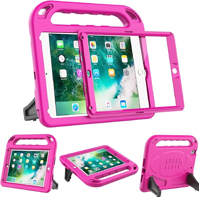 BMOUO Kids Case for iPad 6th/5th Generation (iPad 9.7-inch, 2017/2018), iPad 9.7/Air 2 Case with Screen Protector, Shockproof Handle Stand iPad 6th 5th Generation Cases for Kids, Rose