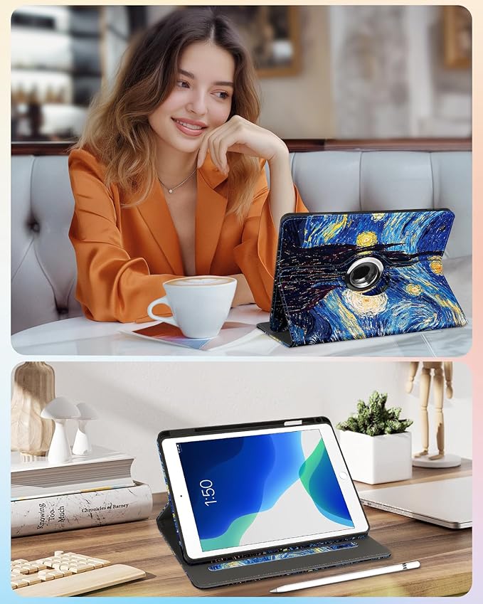 Kidcube for iPad 9th/8th/7th Generation Case 10.2 Inch - for Women Girls Kids Cute Rotating Stand Folio Cover with Pencil Holder & Card Slot Cool Unique Design Teens for iPad 9th/8th/7th Gen Cases
