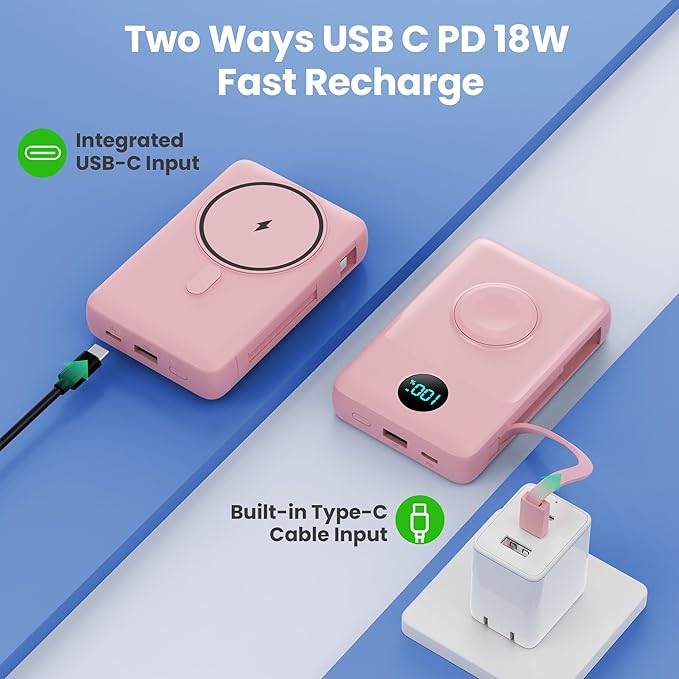 Magnetic Portable Charger for MagSafe with Built-in Cable,iWatch Charger,10800mAh Wireless Power Bank Travel Essentials,25W PD Fast Charging Battery Pack for iPhone 17/16/15/14/13/12,Apple Watch-Pink