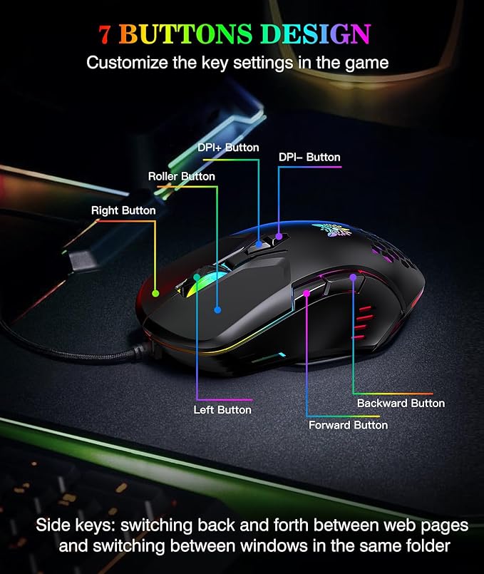 Wired PC Gaming Mouse: High Precision Sensor,RGB Backlit, Adjustable DPI, 7 Buttons Programmable,Ergonomic mice for Office & Gaming on Windows/Mac/Linux/Chrome-Black