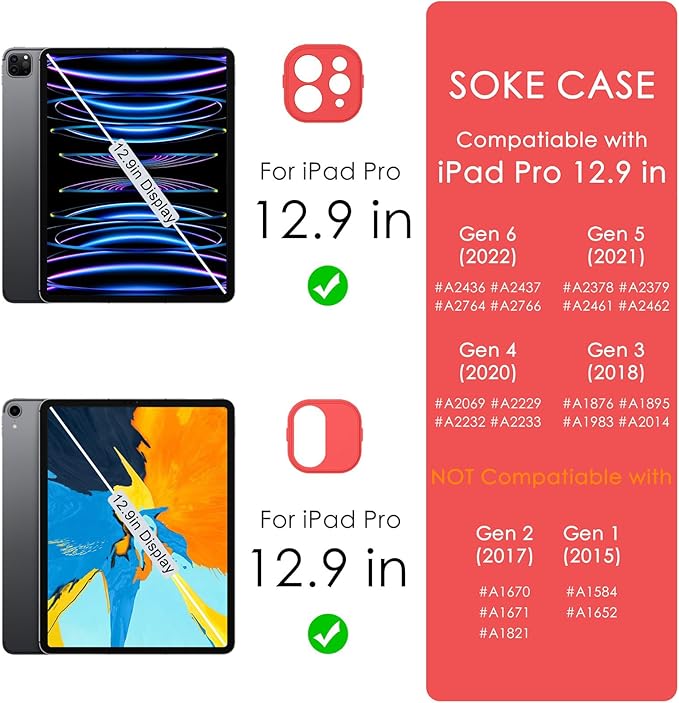 Soke Case for iPad Pro 12.9 Inch (6th/5th/4th/3rd Generation, 2022/2021/2020/2018) - Pencil Holder + Auto Sleep/Wake + Camera Protection, Transparent Shockproof Back Cover, Burgundy Red
