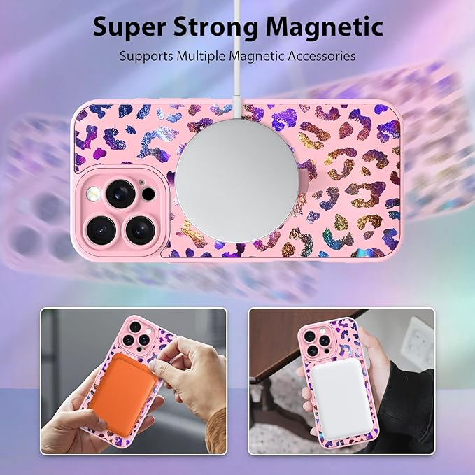 KANGHAR Compatible with iPhone 16 Pro Case, Support for MagSafe, Silicone Cute Iridescent Leopard Cheetah Pattern, Wristband Kickstand Shockproof Protective Slim Cover for Women Girls, Pink