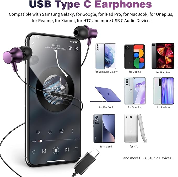 COOYA USB C Headphone Type C Wired Earbuds for iPhone 17 16 15 Pro Max iPad 10 Air 6 Pixel 9 8 Magnetic Bass Noise Canceling In-Ear Earphone+Mic for Samsung Galaxy S26 Ultra A16 S25 S23 for OnePlus 13
