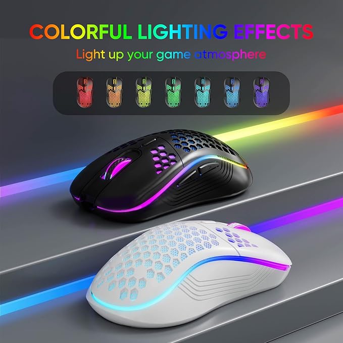MELOGAGA Wireless Gaming Mouse Honeycomb 2.4G USB Cordless Mouse RGB Rechargeable PC Game Mice with 7-Color LED Lights，4 Adjustable DPI for Windows Laptop Desktop Computers -White
