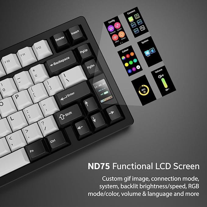 Chilkey ND75 Aluminum Keyboard 75% Percent Wireless Gaming Mechanical Keyboard with LCD Screen, Quick Assembly, BT/2.4G/USB-C, Hot Swappable Per-key RGB Custom Black Key Board for Laptop Office PC